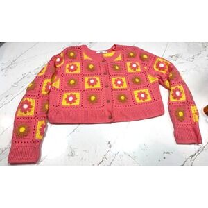 Talulah Pink Yellow Crochet Flower Granny Square Cardigan Sweater M/L